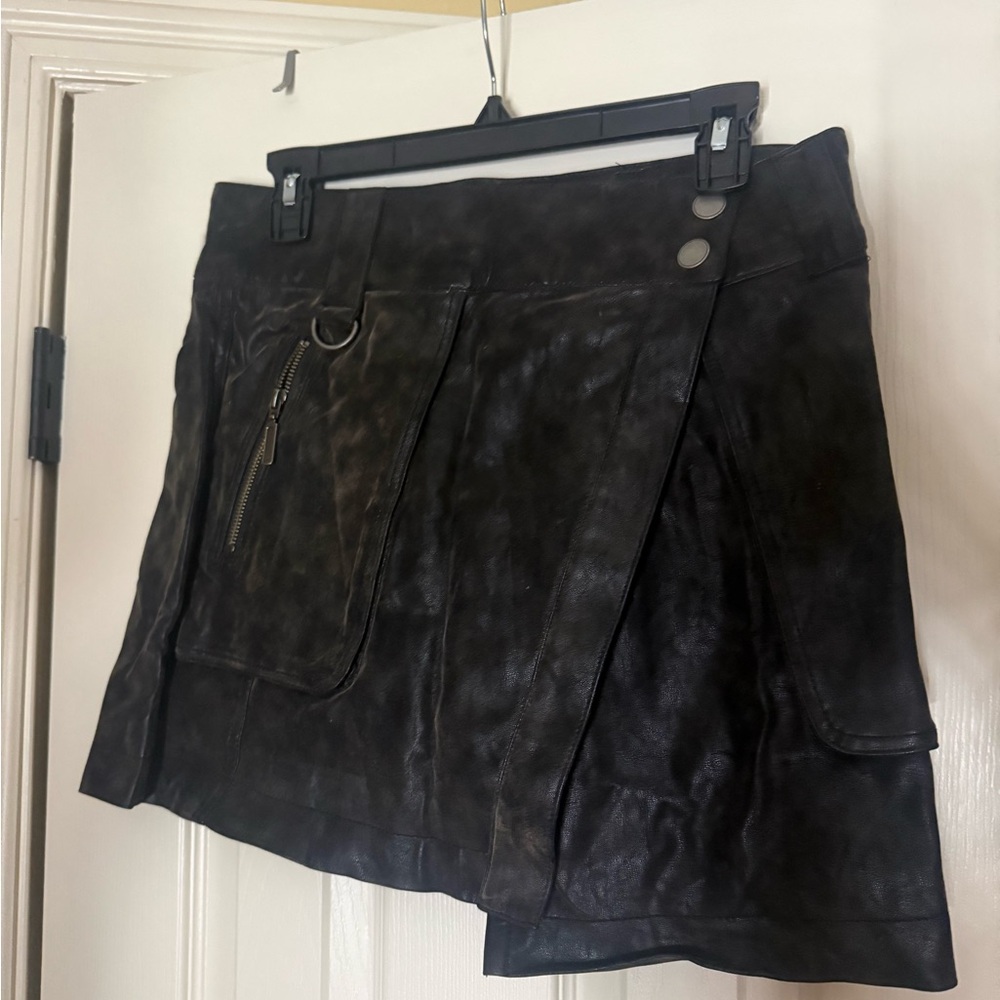 Free People Black Leather Mini Skirt with Zipper Detail